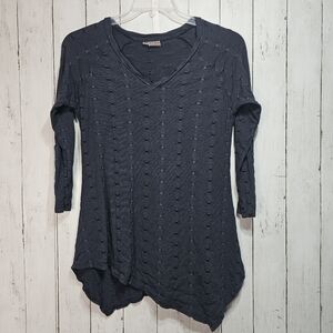 Tianello Women's Vicose Knit Blue Black Striped Shirt Size Medium Shark Bite Hem